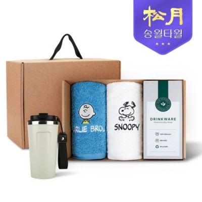 송월타올 리빙 기프트세트 9 (스누피 피너츠180g 2P + 이너프 이중구조 텀블러530ml 1P)